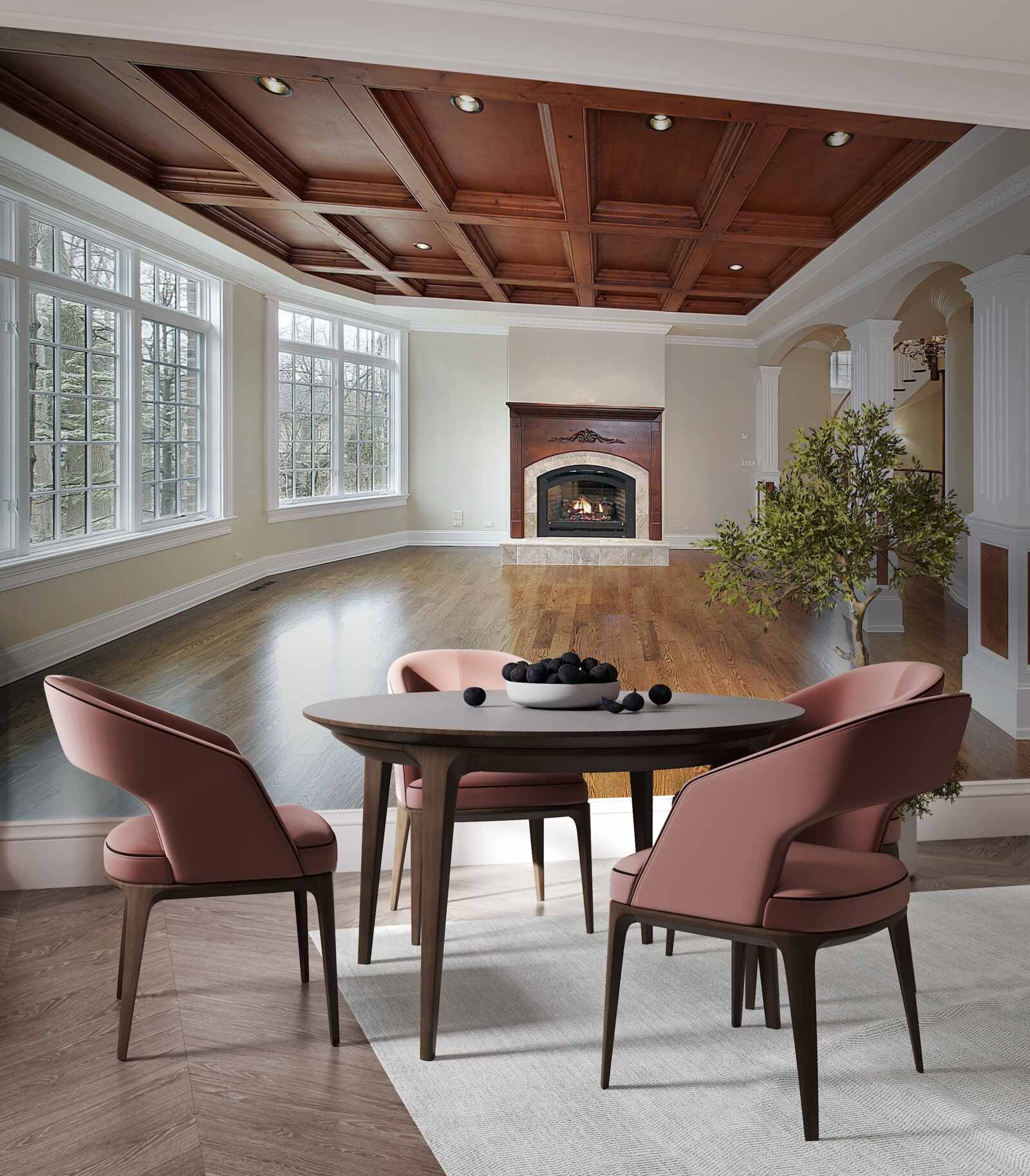 Papier peint intérieur avec une élégante combinaison de pierre blanche et de bois