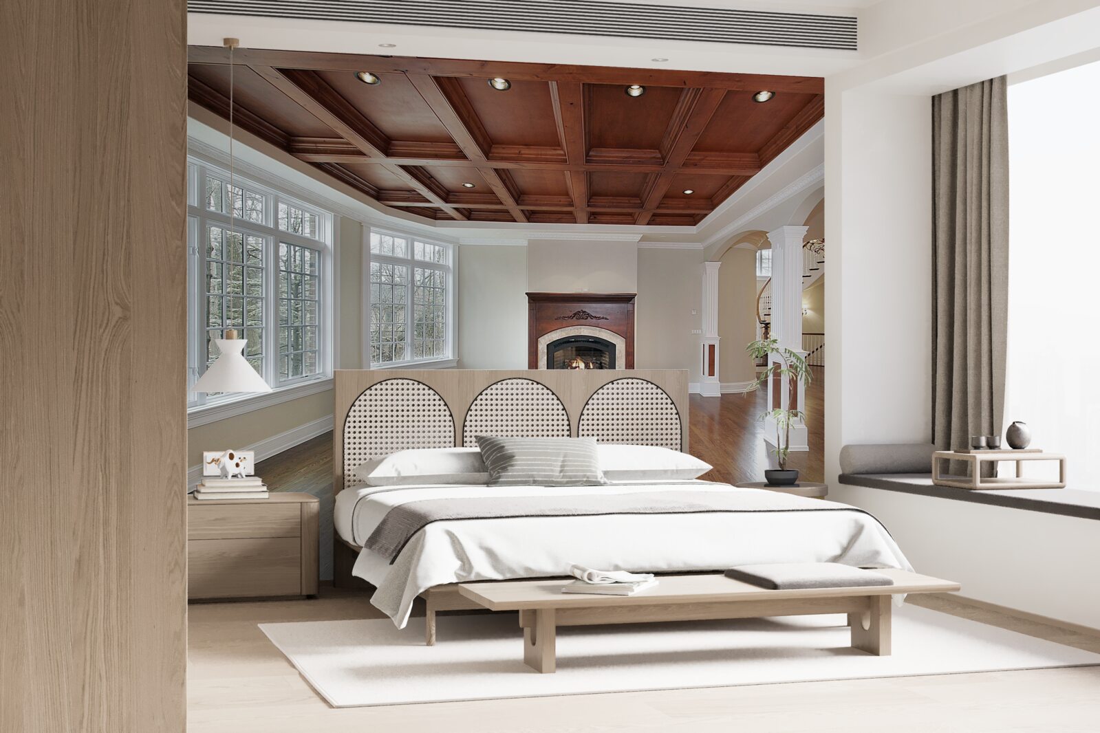 Papier peint intérieur avec une élégante combinaison de pierre blanche et de bois