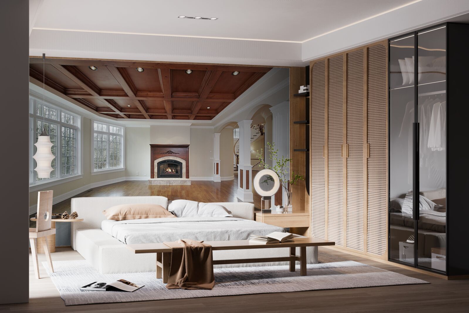 Papier peint intérieur avec une élégante combinaison de pierre blanche et de bois