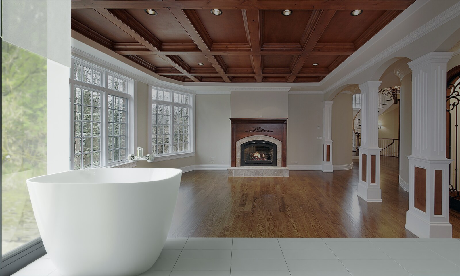 Papier peint intérieur avec une élégante combinaison de pierre blanche et de bois