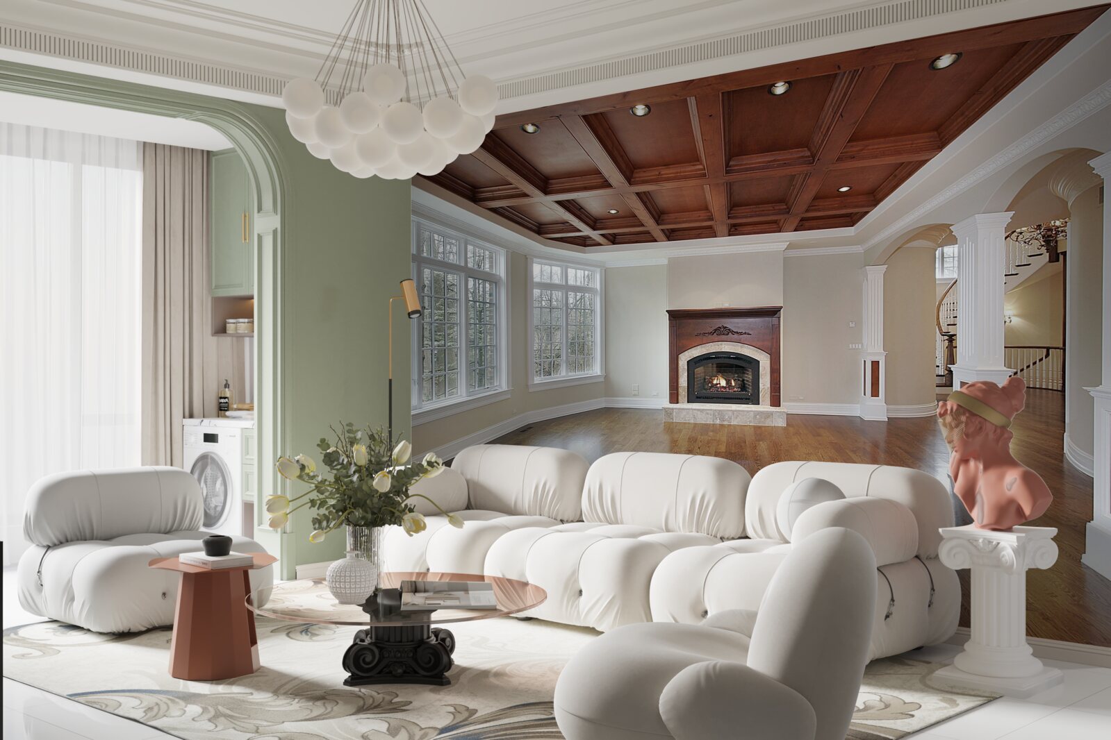 Papier peint intérieur avec une élégante combinaison de pierre blanche et de bois