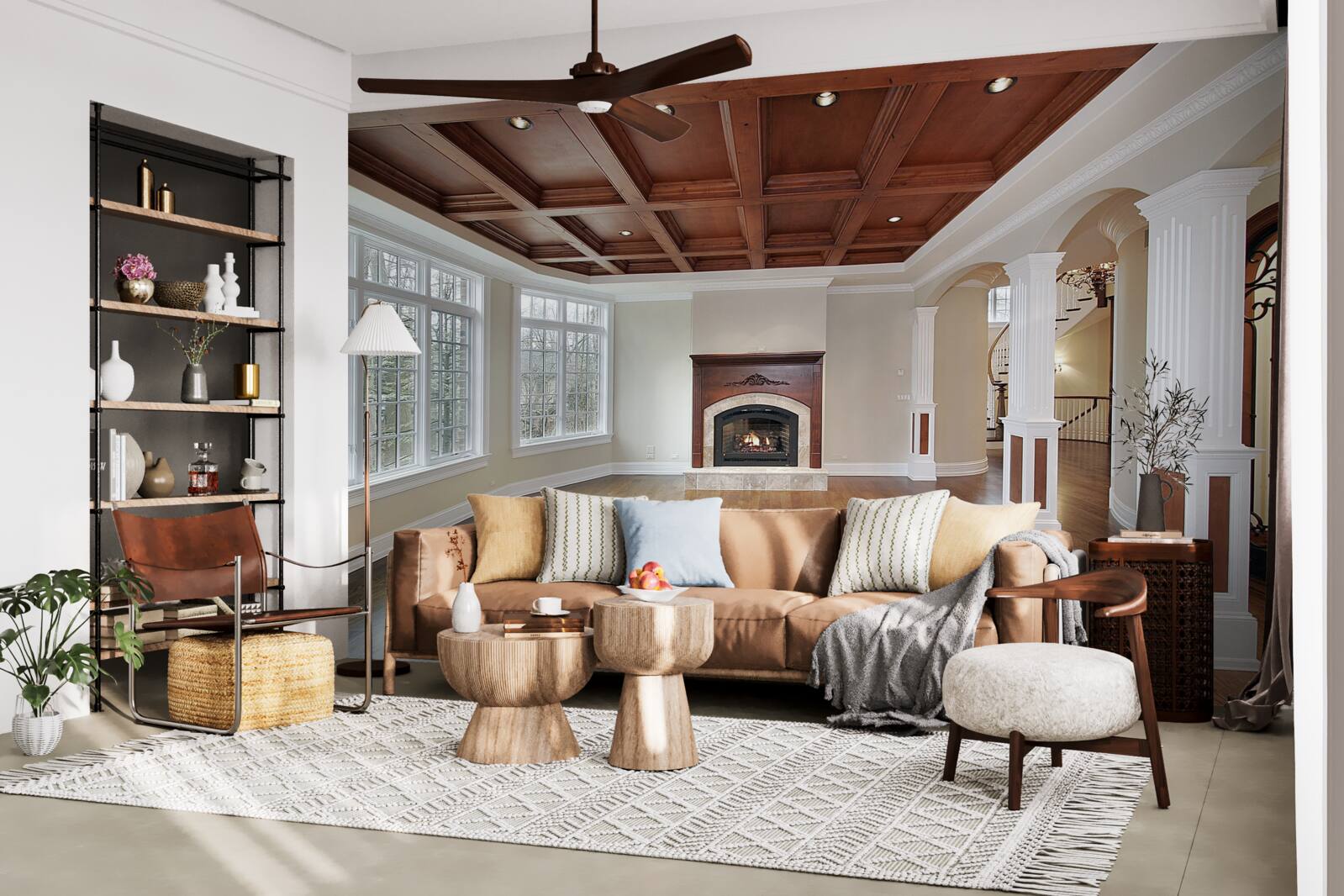 Papier peint intérieur avec une élégante combinaison de pierre blanche et de bois