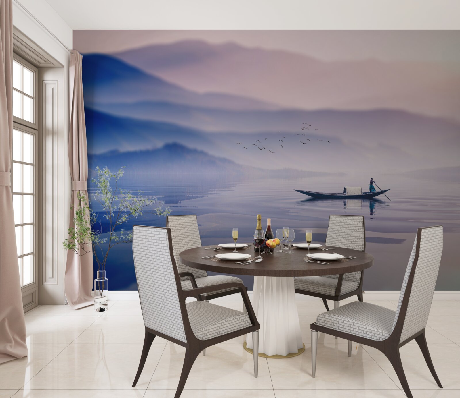 Papier peint pêcheur seul sur l'eau brumeuse