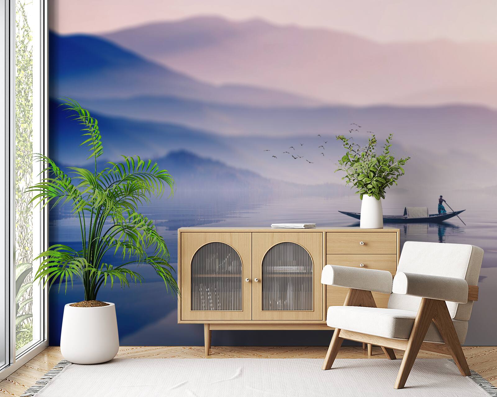 Papier peint pêcheur seul sur l'eau brumeuse