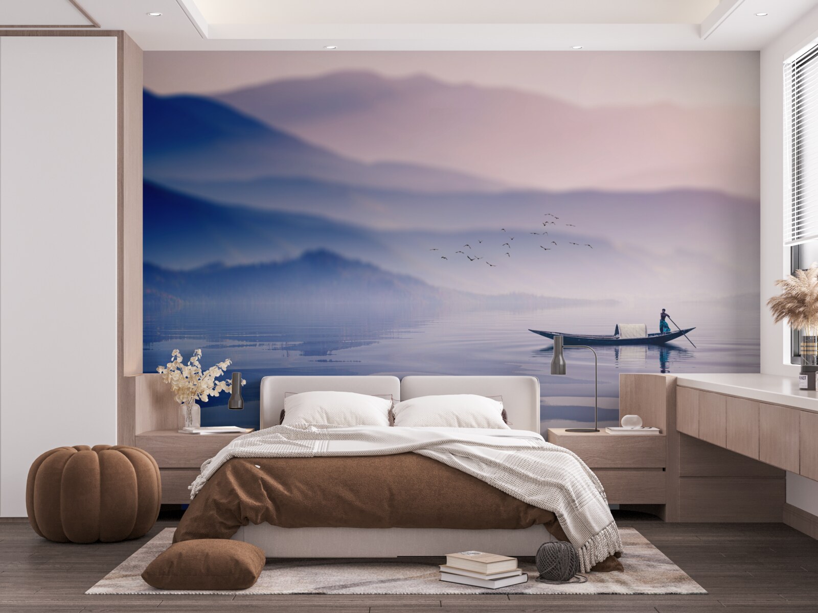 Papier peint pêcheur seul sur l'eau brumeuse