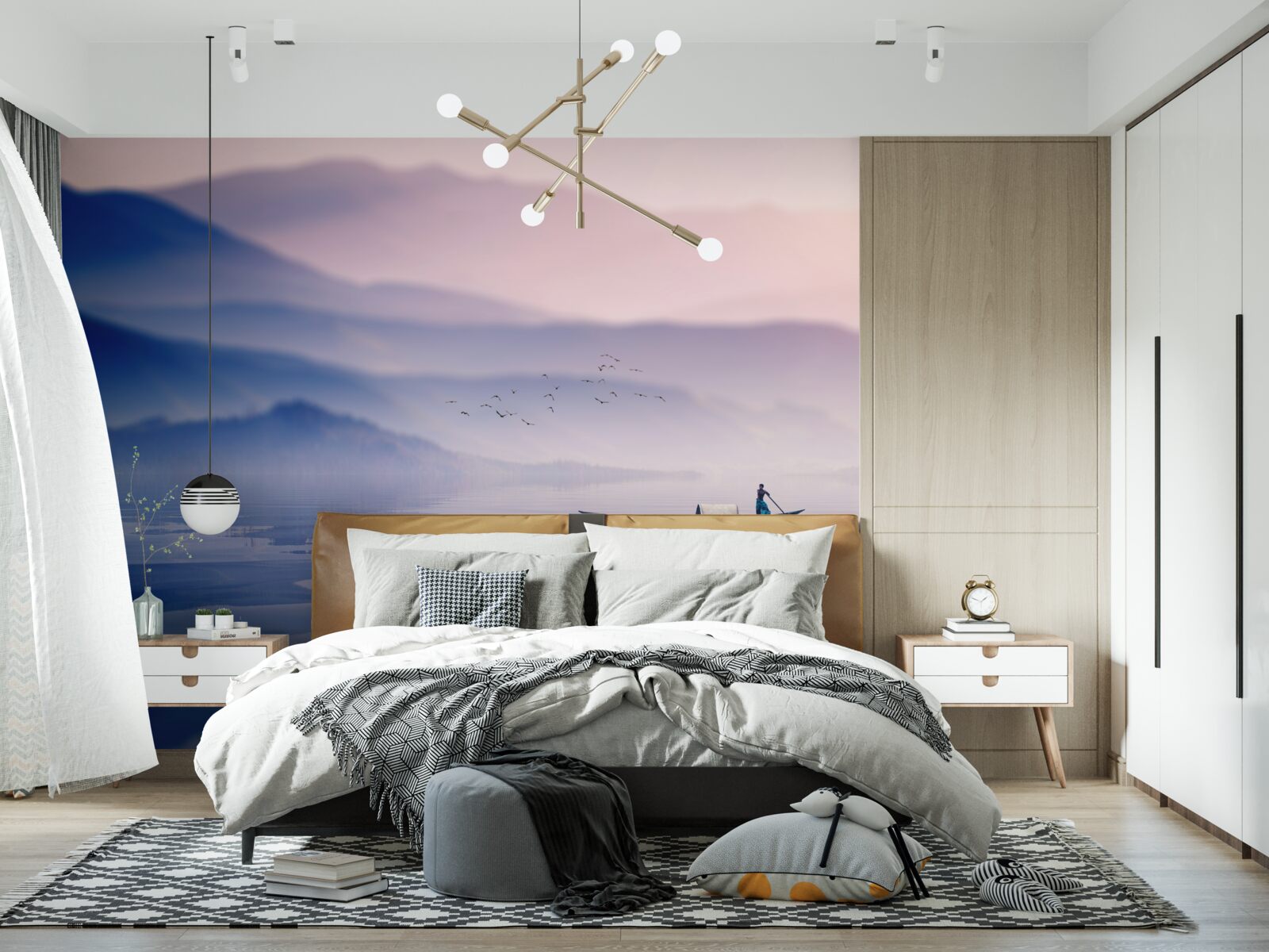 Papier peint pêcheur seul sur l'eau brumeuse