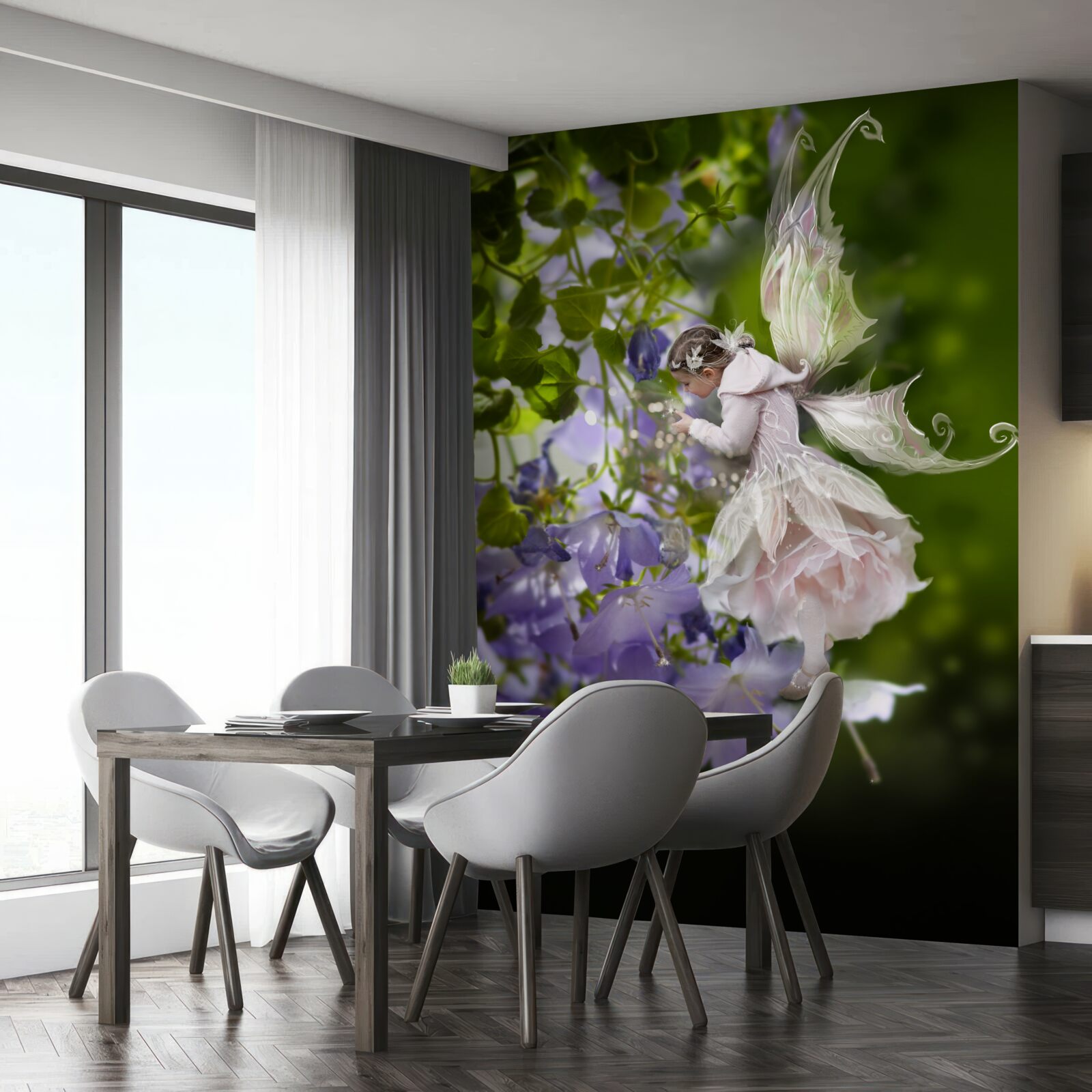 Papier peint silhouette d'une fille avec un papillon buvant du nectar