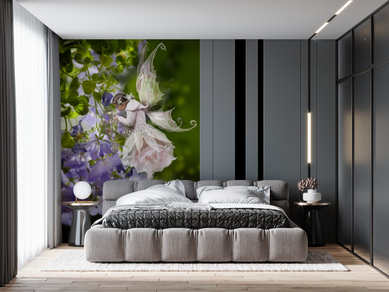 Papier peint silhouette d'une fille avec un papillon buvant du nectar