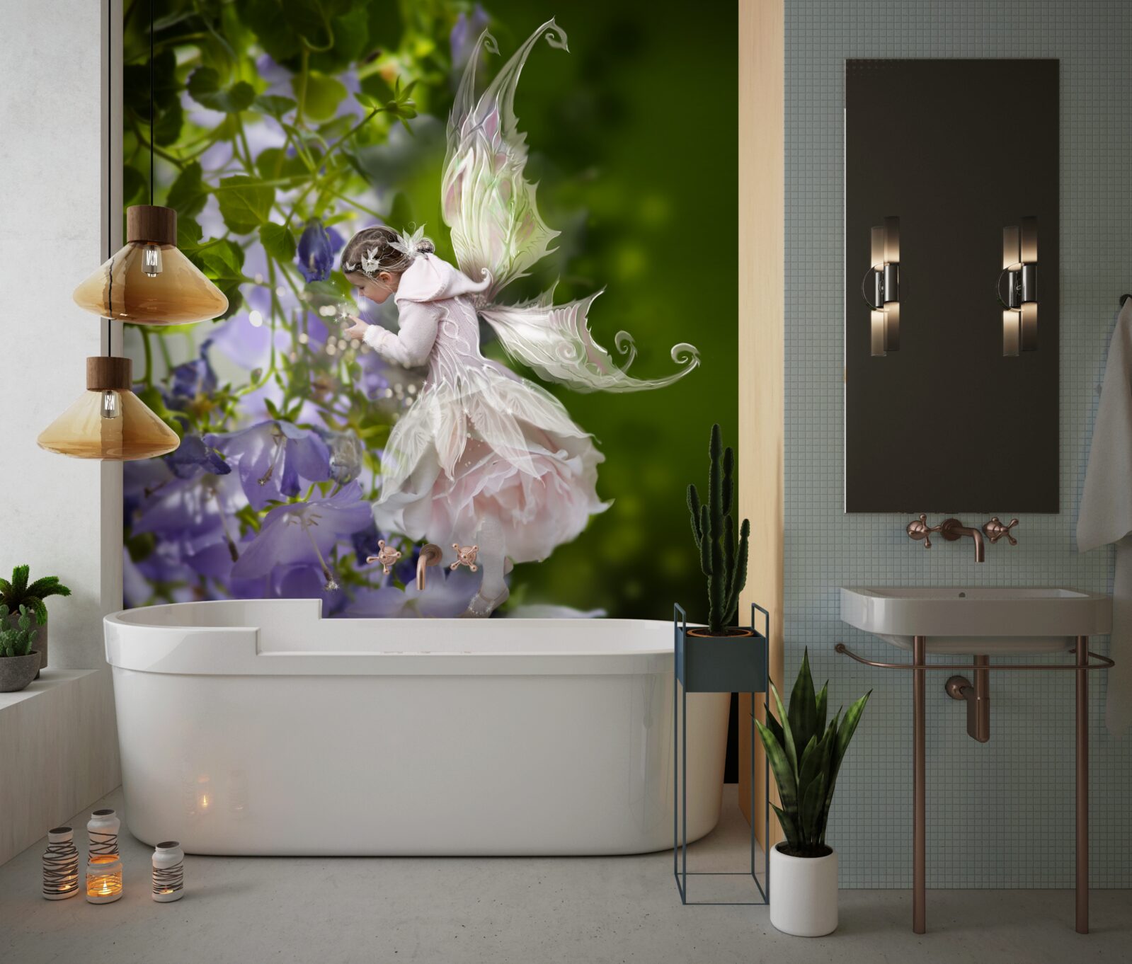 Papier peint silhouette d'une fille avec un papillon buvant du nectar