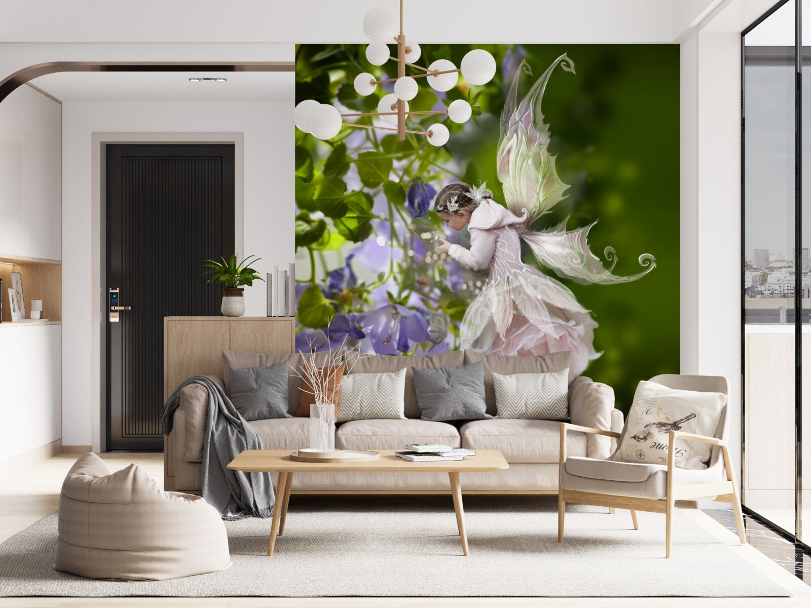 Papier peint silhouette d'une fille avec un papillon buvant du nectar