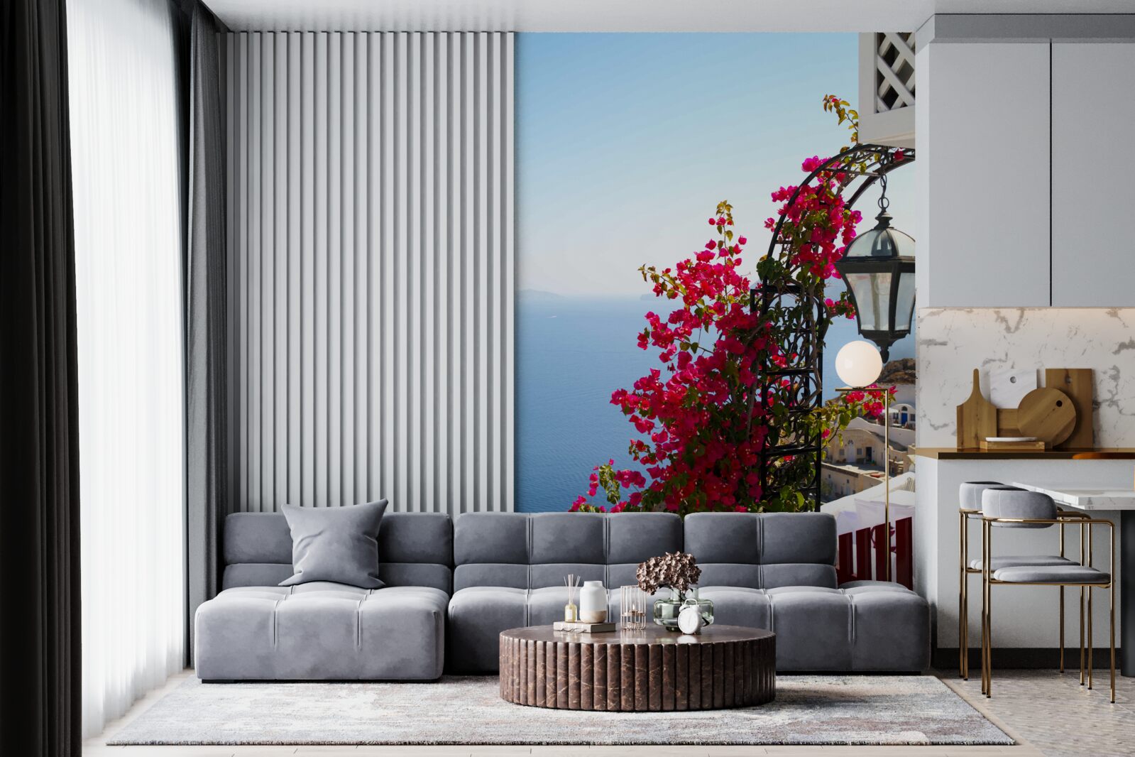 Papier peint Une arche près de l'étang, parsemée de fleurs rouges épanouies