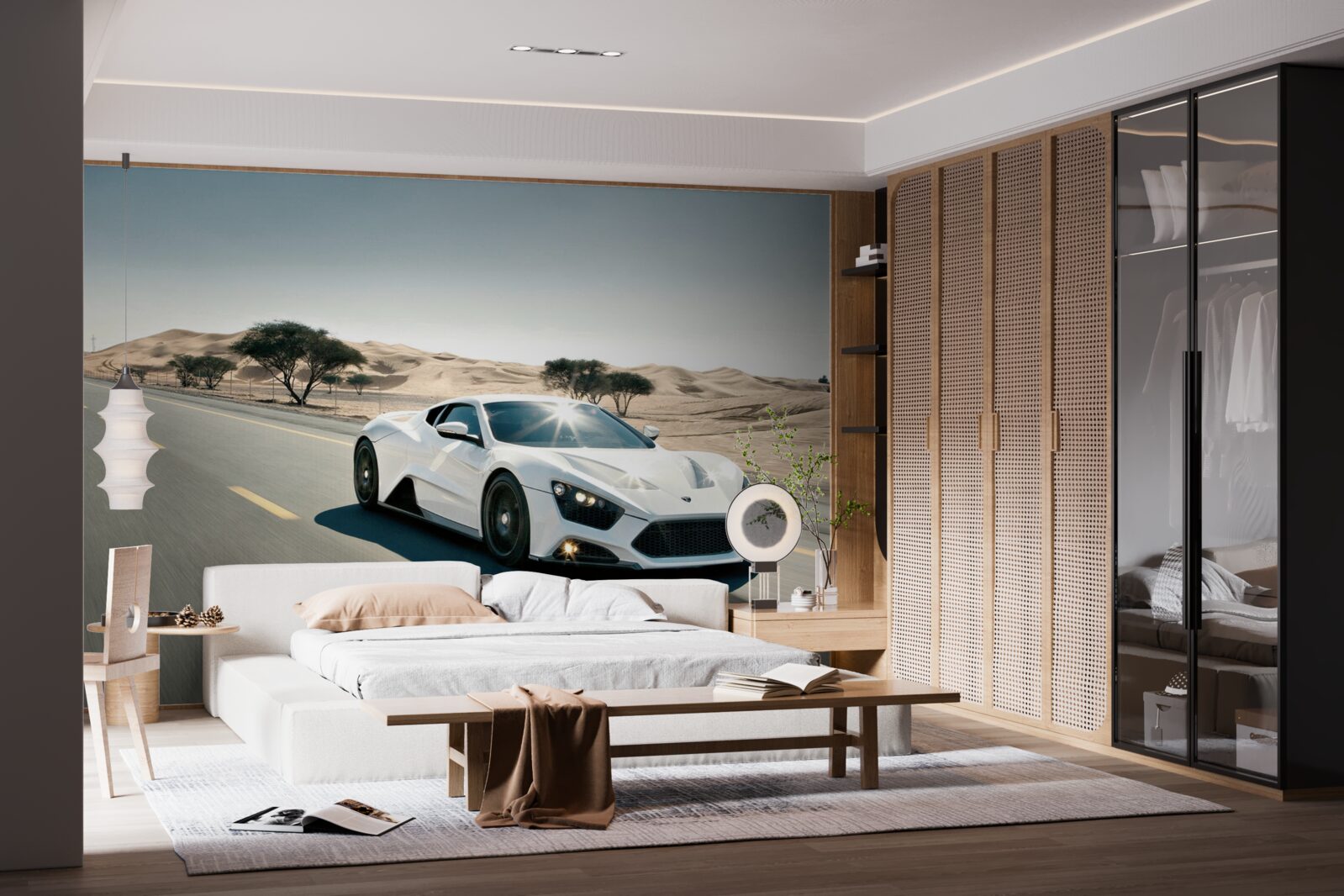 Papier peint une voiture de sport blanche roule sur une route vide