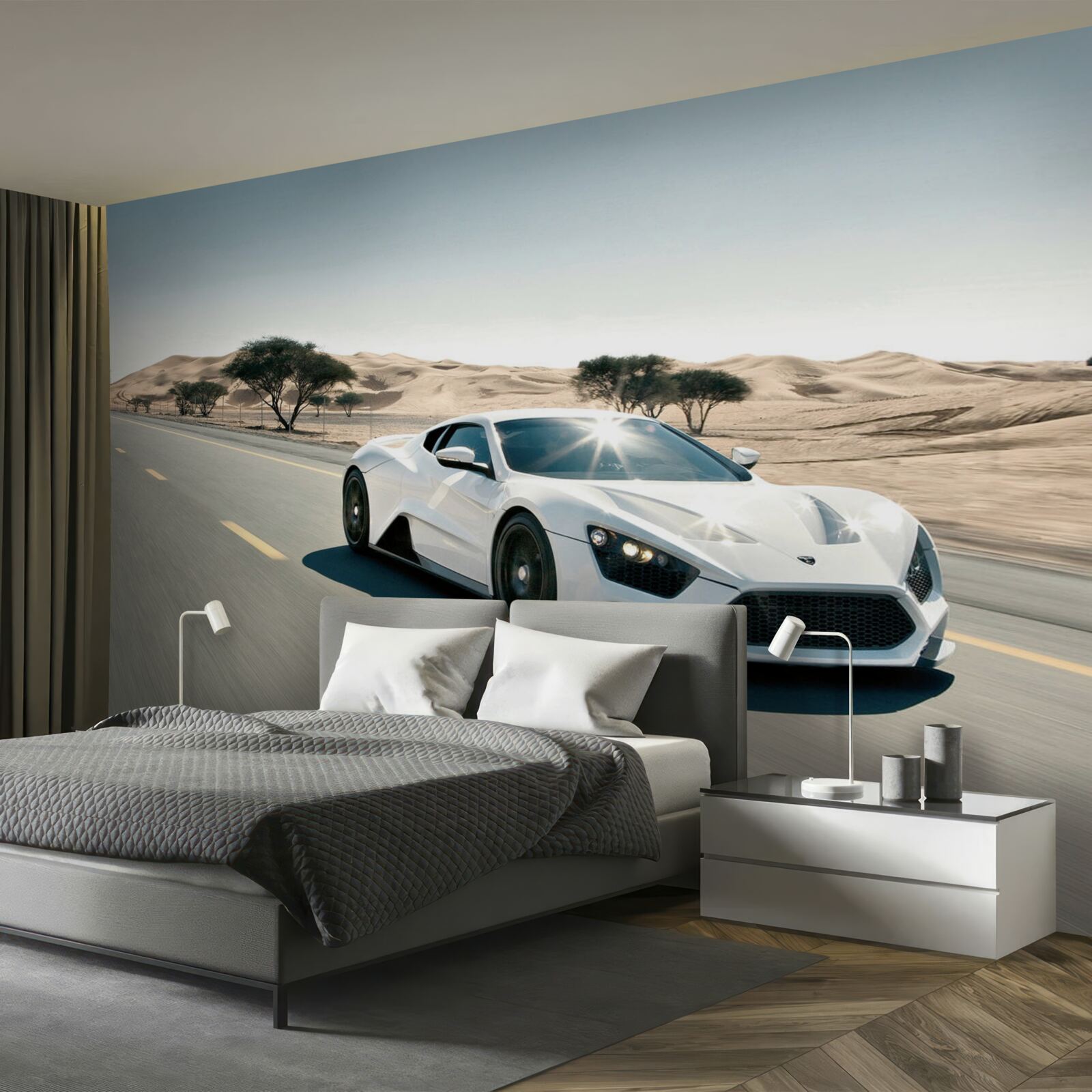 Papier peint une voiture de sport blanche roule sur une route vide