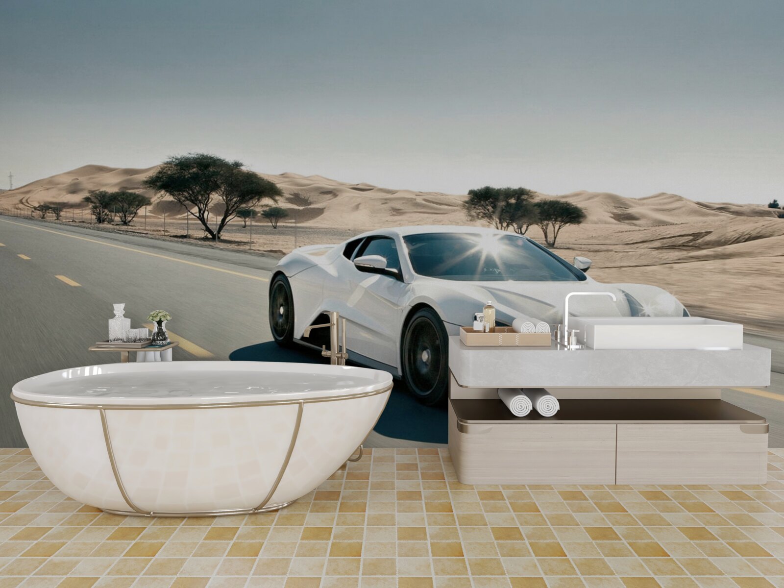 Papier peint une voiture de sport blanche roule sur une route vide