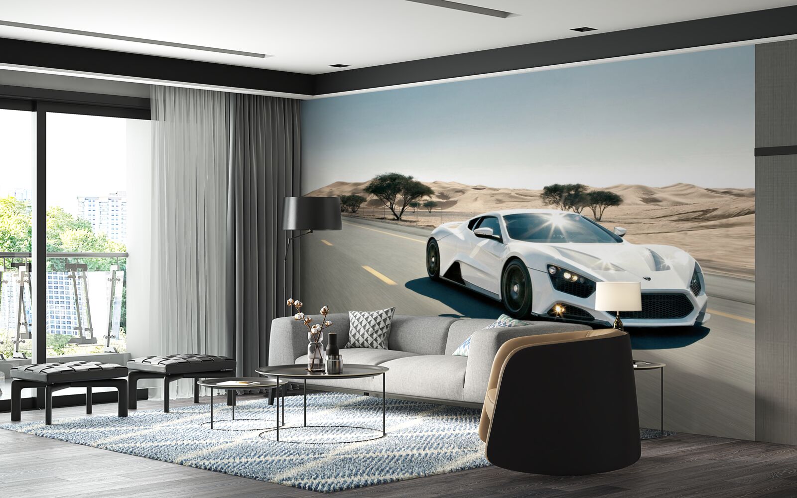 Papier peint une voiture de sport blanche roule sur une route vide