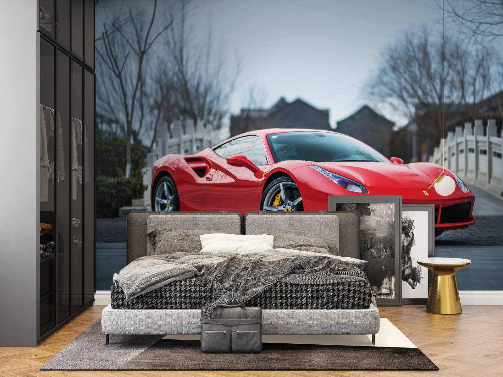 Papier peint une magnifique ferrari rouge écarlate par temps de pluie