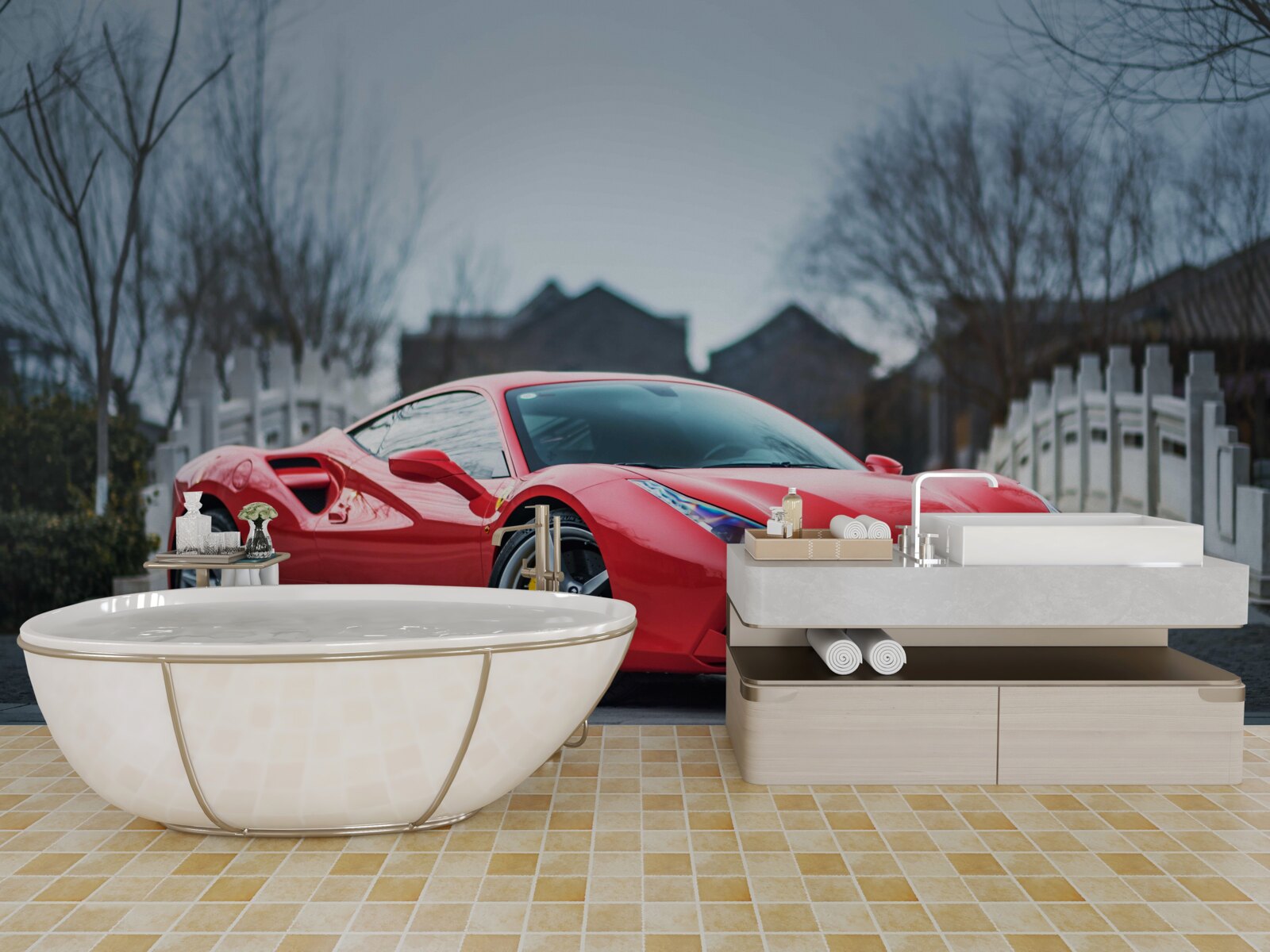 Papier peint une magnifique ferrari rouge écarlate par temps de pluie