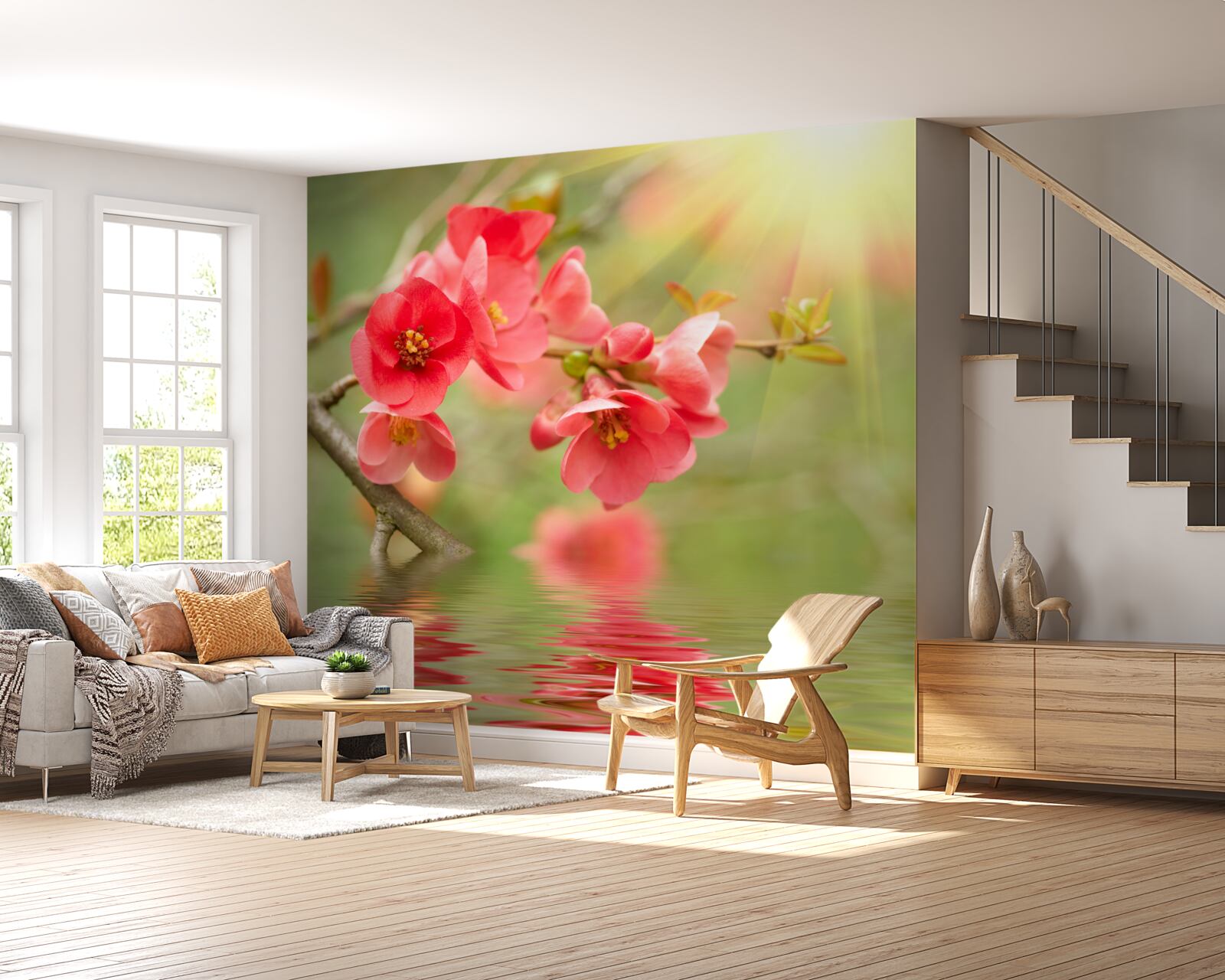Papier peint les fleurs de sakura écarlates scintillent au bord de l'eau par une journée ensoleillée