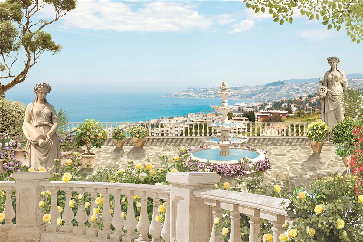 Papier peint terrasse panoramique en pierre avec fontaine et vue sur l'océan
