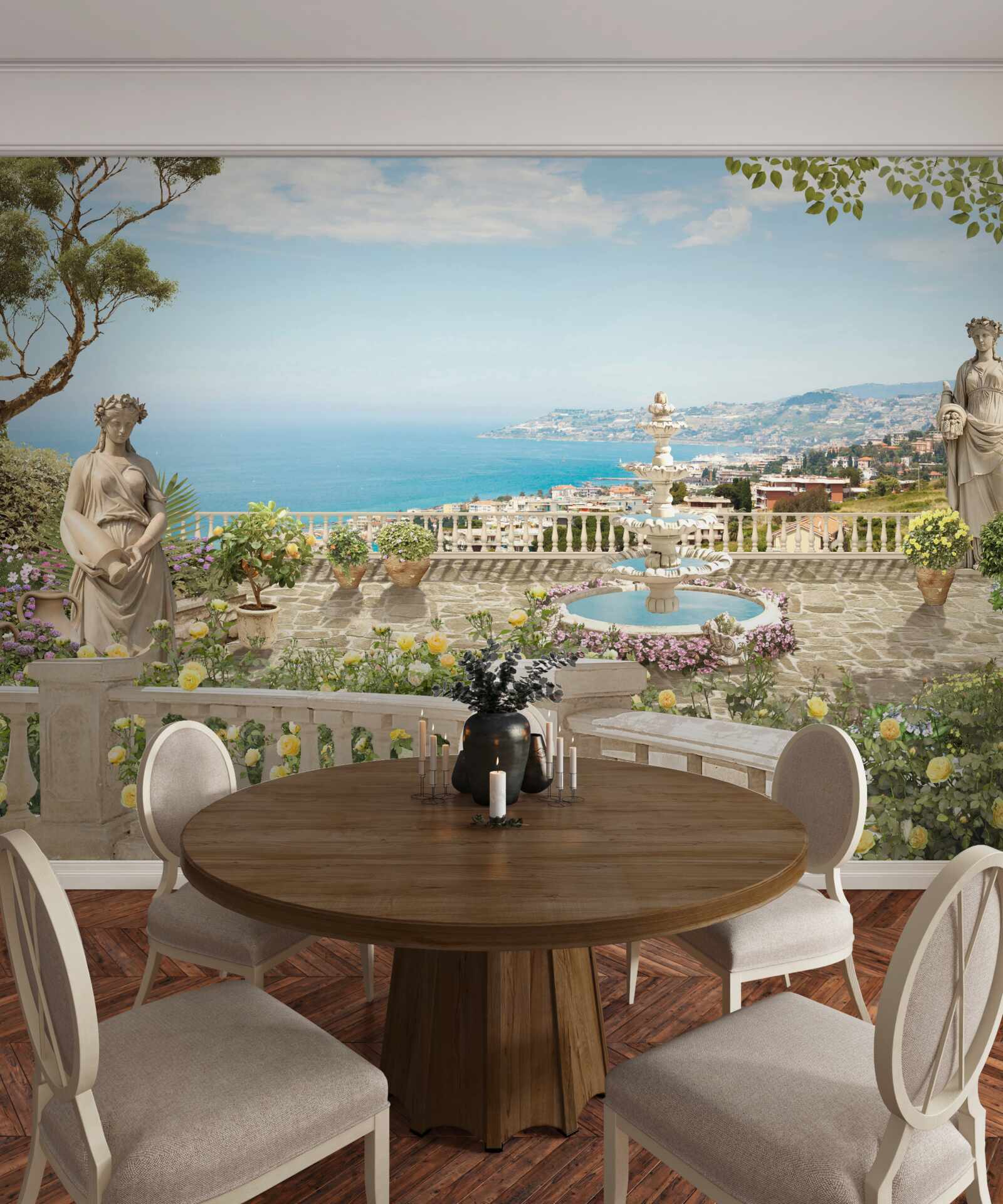 Papier peint terrasse panoramique en pierre avec fontaine et vue sur l'océan