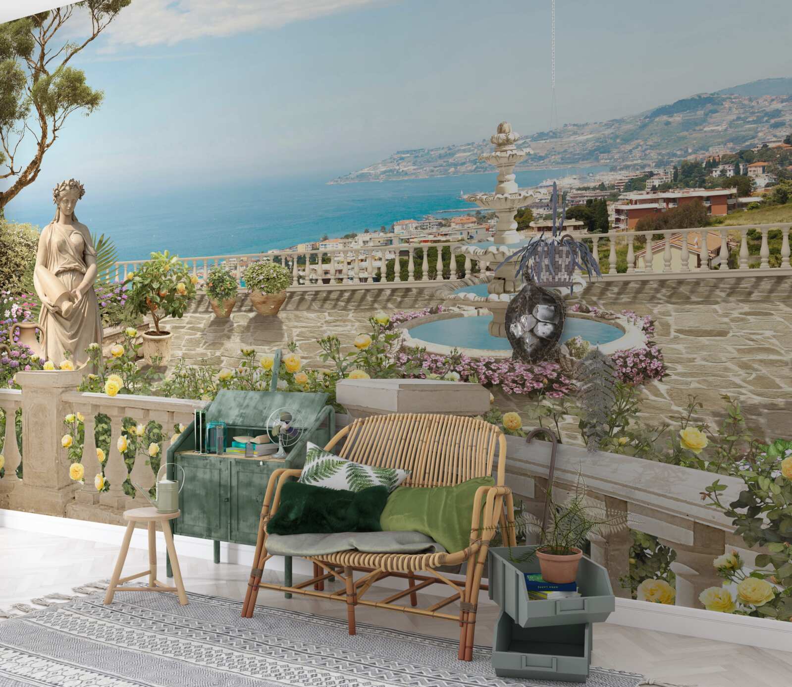 Papier peint terrasse panoramique en pierre avec fontaine et vue sur l'océan