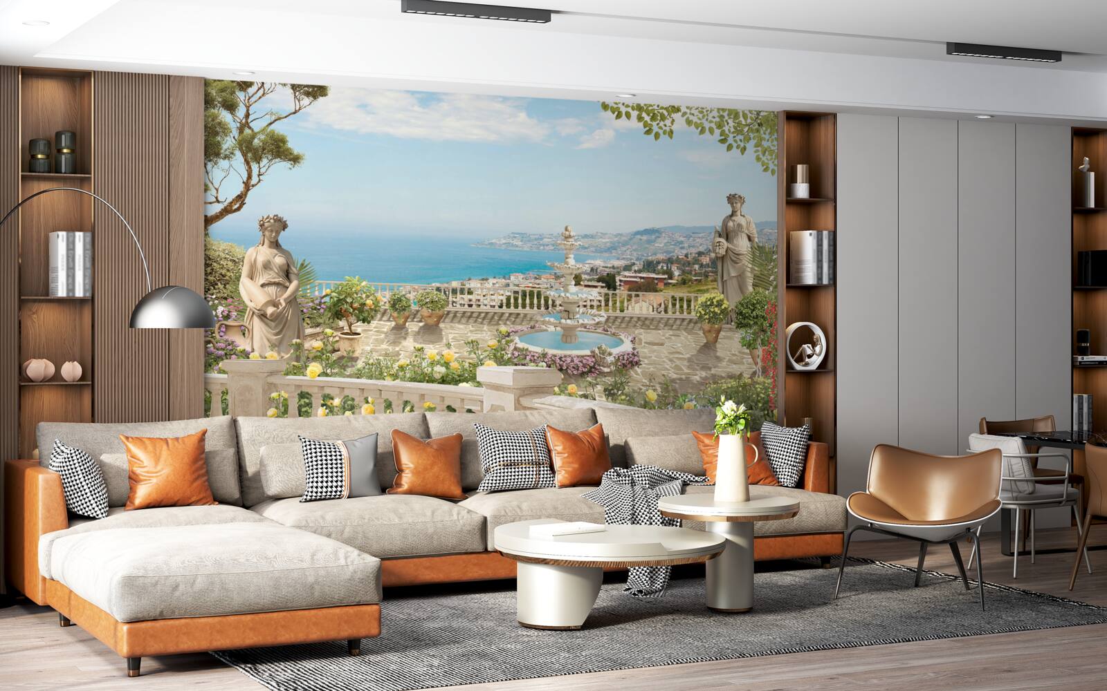 Papier peint terrasse panoramique en pierre avec fontaine et vue sur l'océan