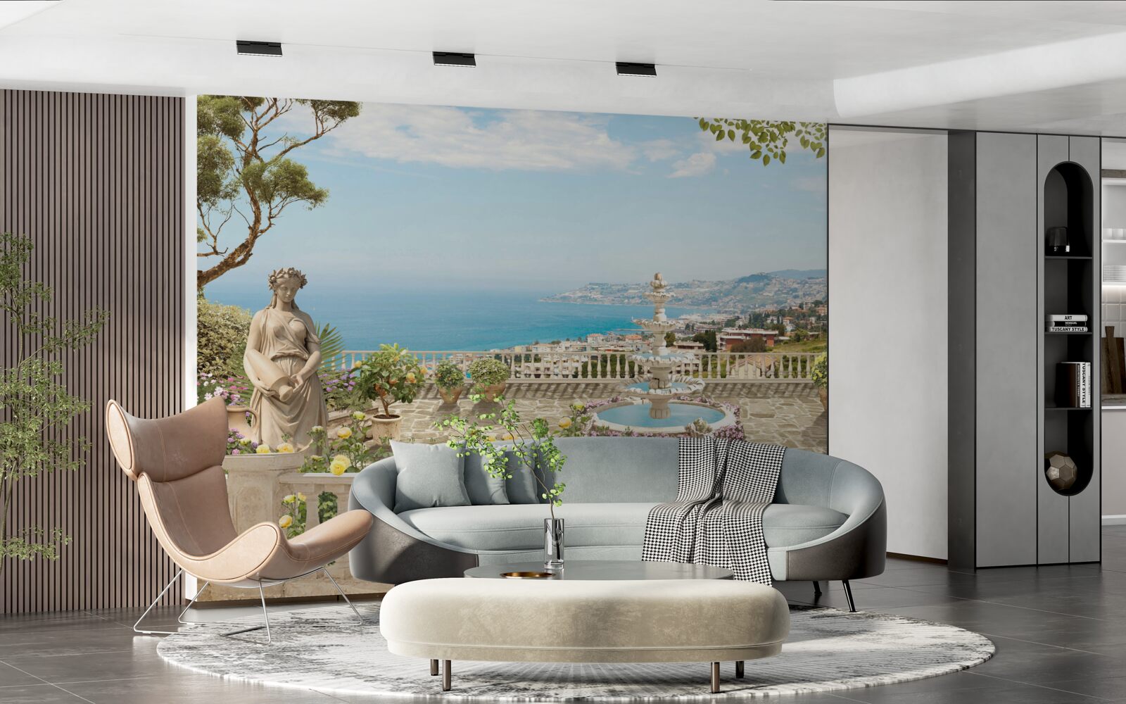 Papier peint terrasse panoramique en pierre avec fontaine et vue sur l'océan