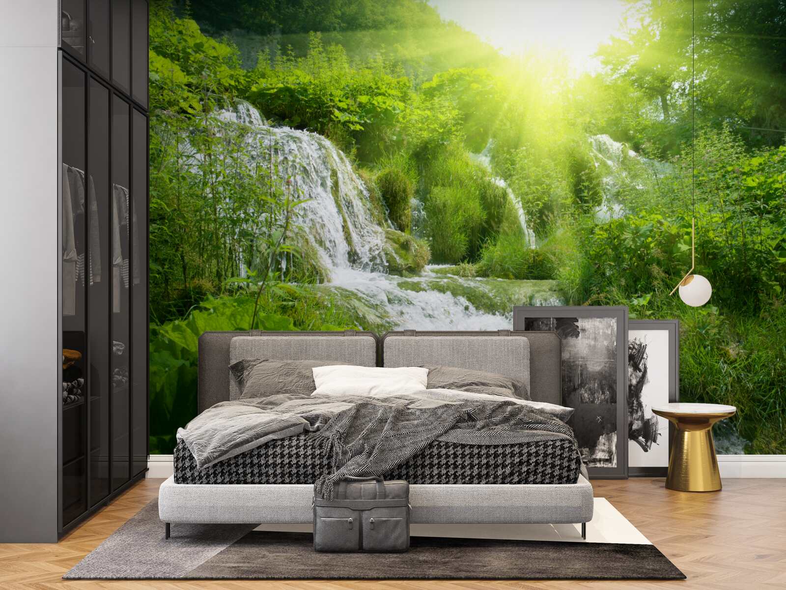 Papier peint un soleil aveuglant illumine une cascade écumante