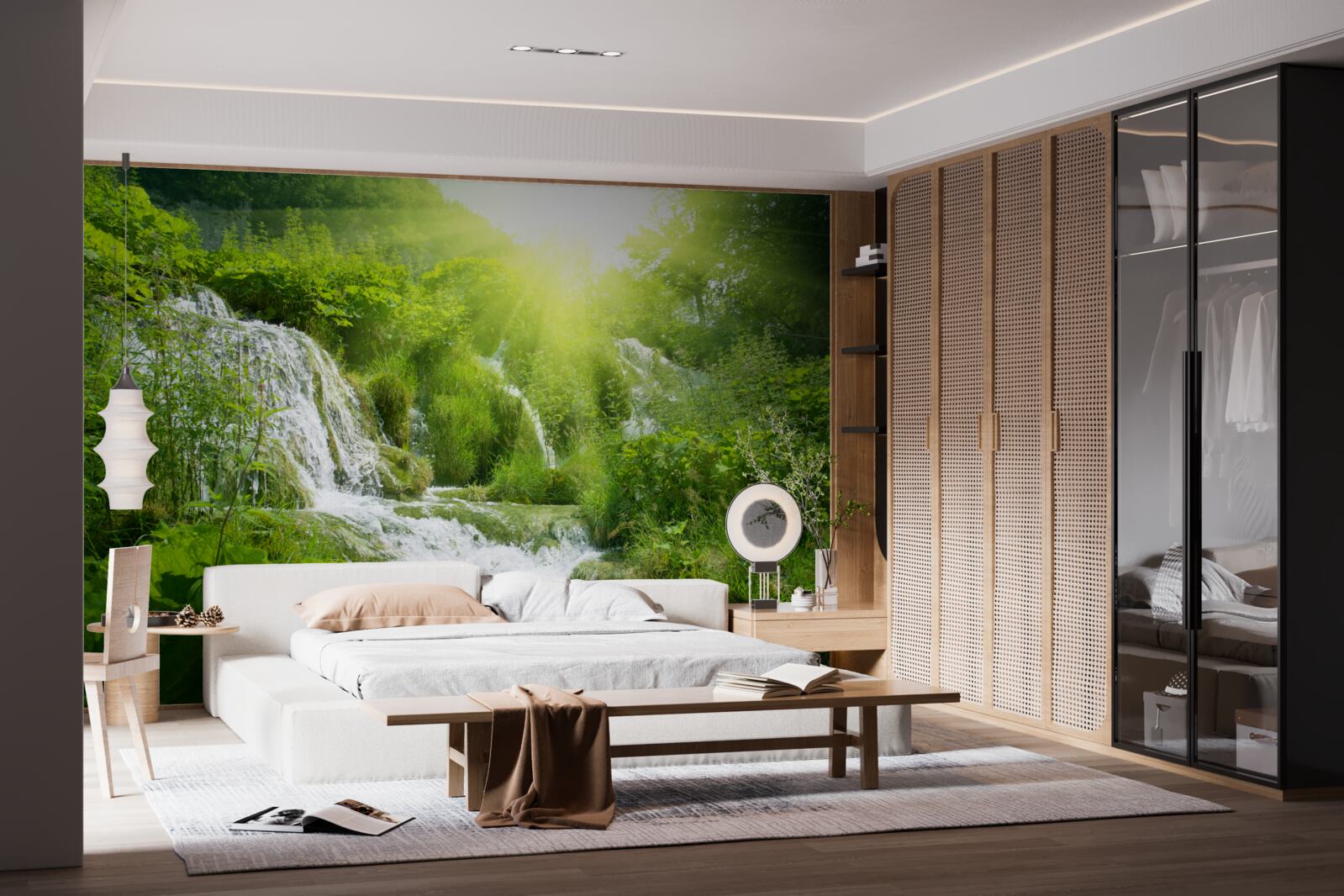 Papier peint un soleil aveuglant illumine une cascade écumante