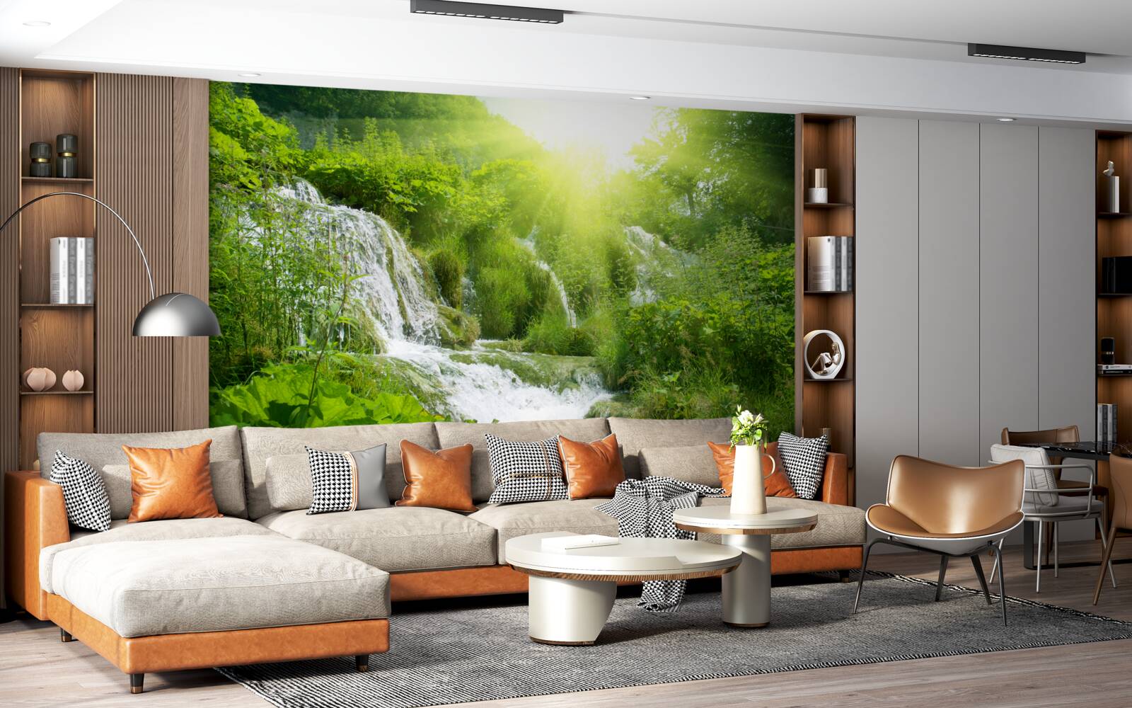 Papier peint un soleil aveuglant illumine une cascade écumante