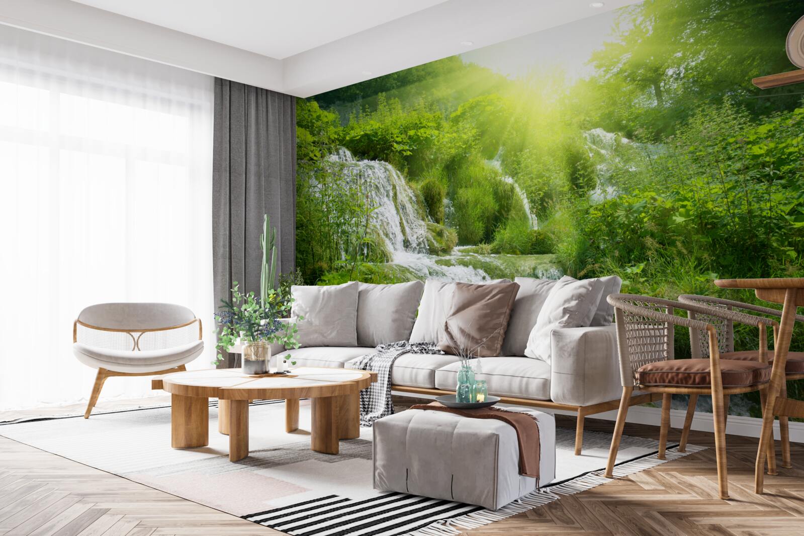 Papier peint un soleil aveuglant illumine une cascade écumante