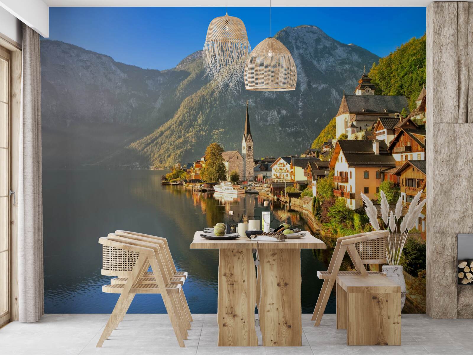 Papier peint un village suisse entouré d'étangs et de montagnes