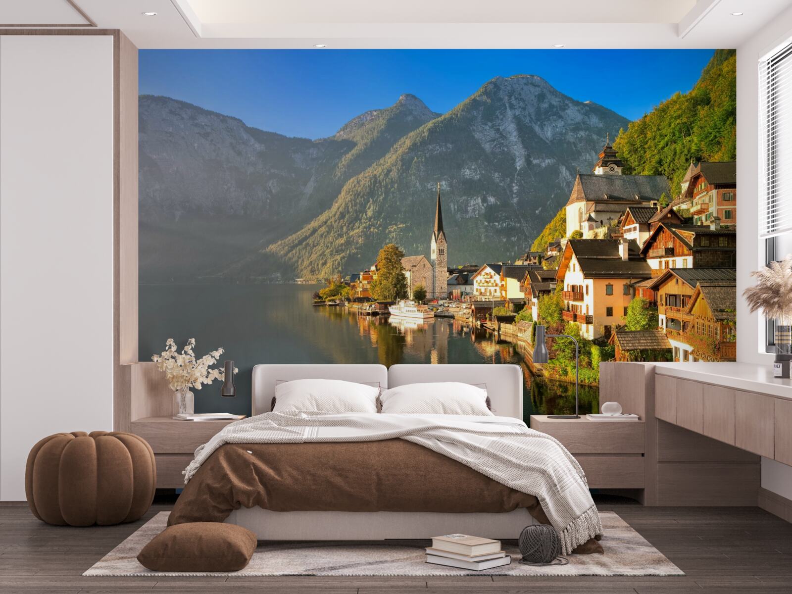 Papier peint un village suisse entouré d'étangs et de montagnes