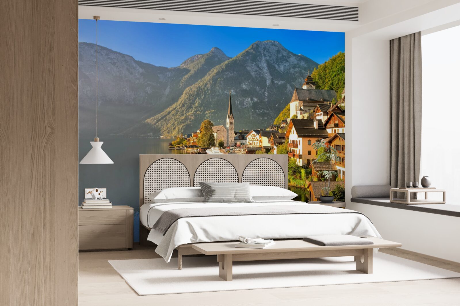 Papier peint un village suisse entouré d'étangs et de montagnes