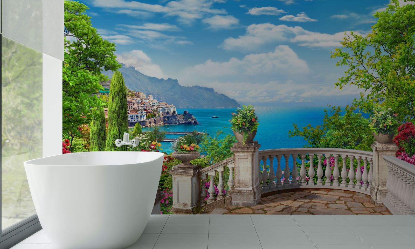 Papier peint plate-forme d'observation en pierre avec vue sur la mer