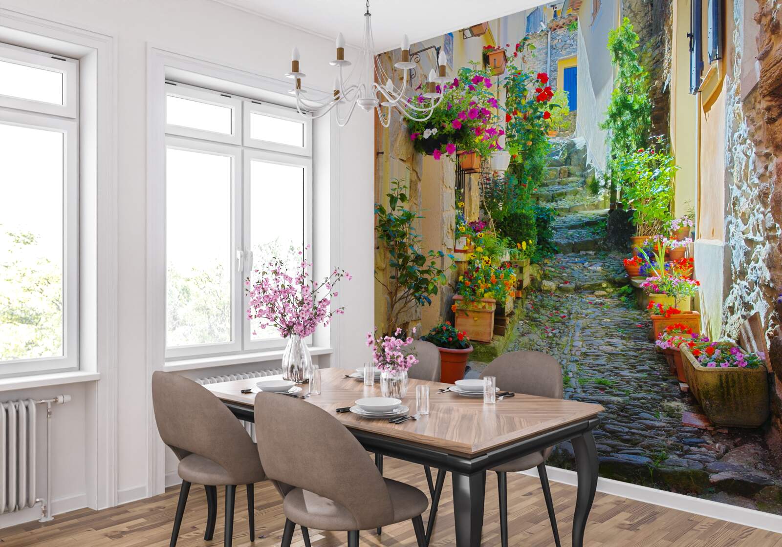 Papier peint une rue étroite et accueillante de la vieille ville, entourée de fleurs