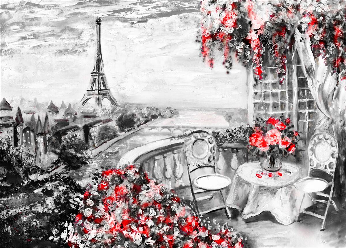 Papier peint café de la véranda avec vue sur la tour eiffel