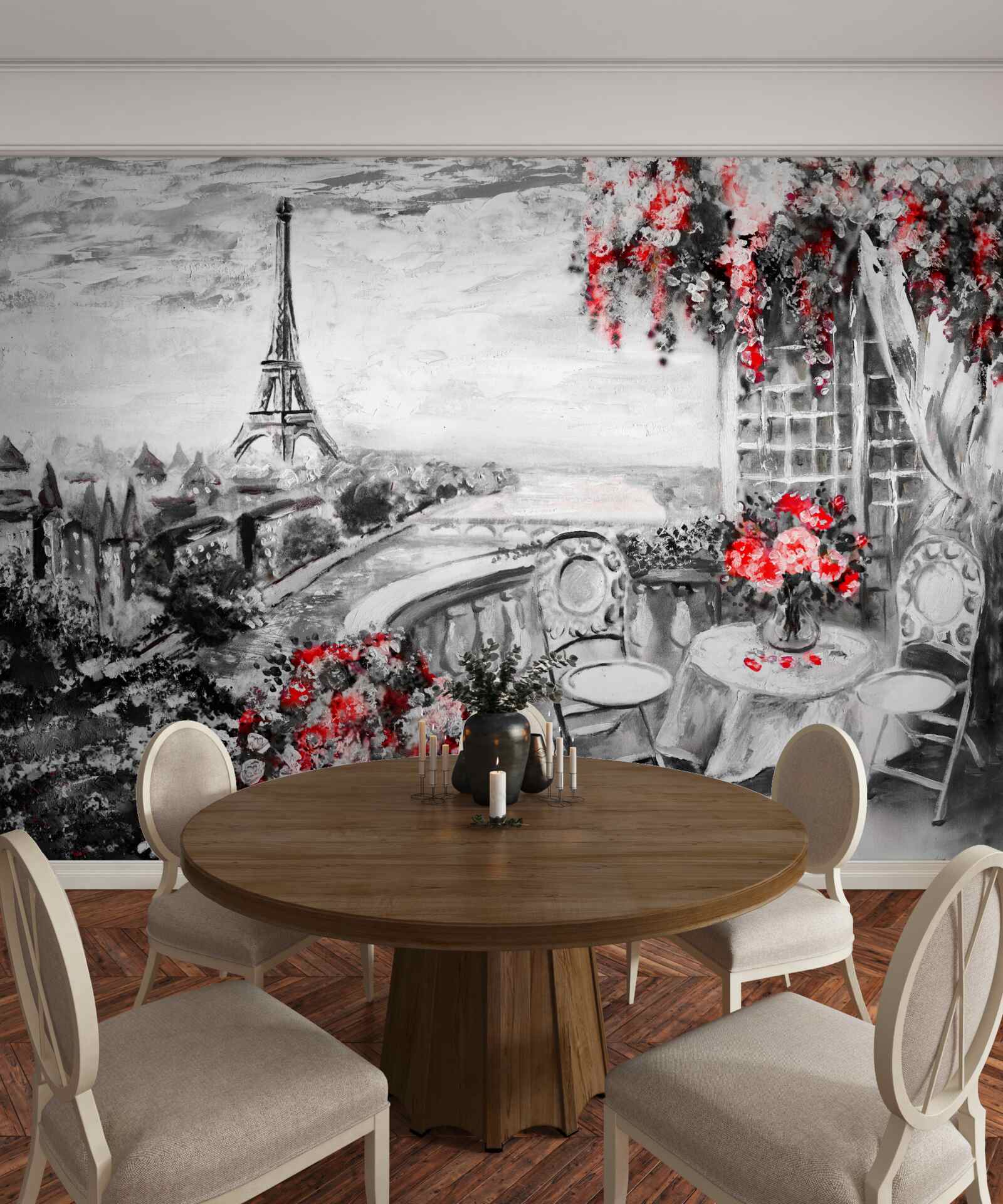 Papier peint café de la véranda avec vue sur la tour eiffel