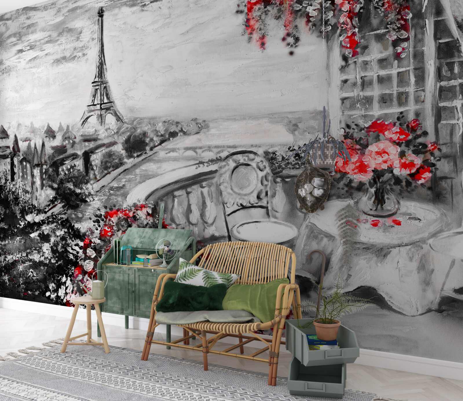 Papier peint café de la véranda avec vue sur la tour eiffel