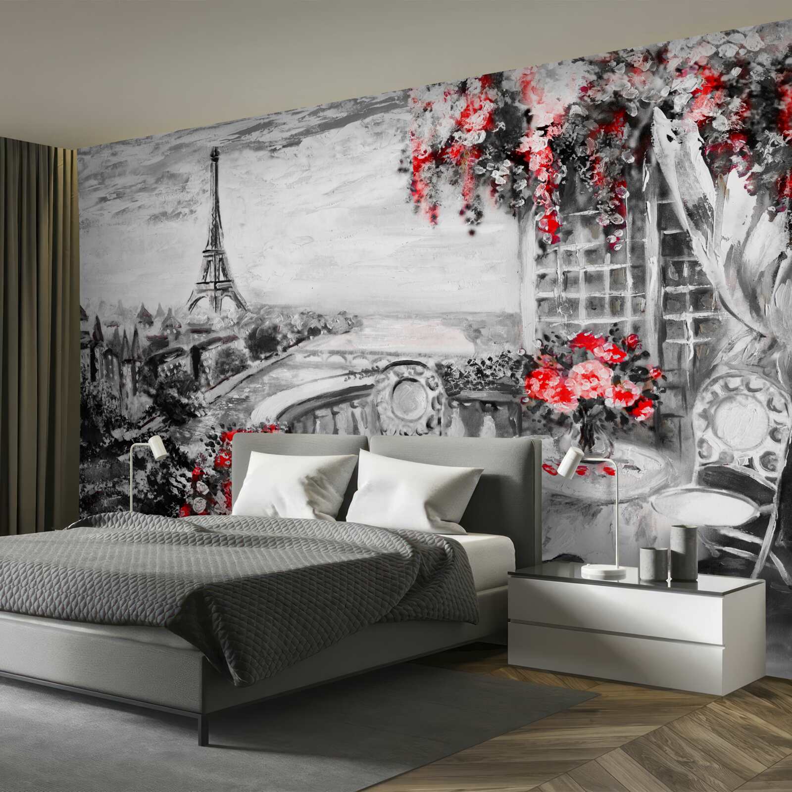 Papier peint café de la véranda avec vue sur la tour eiffel