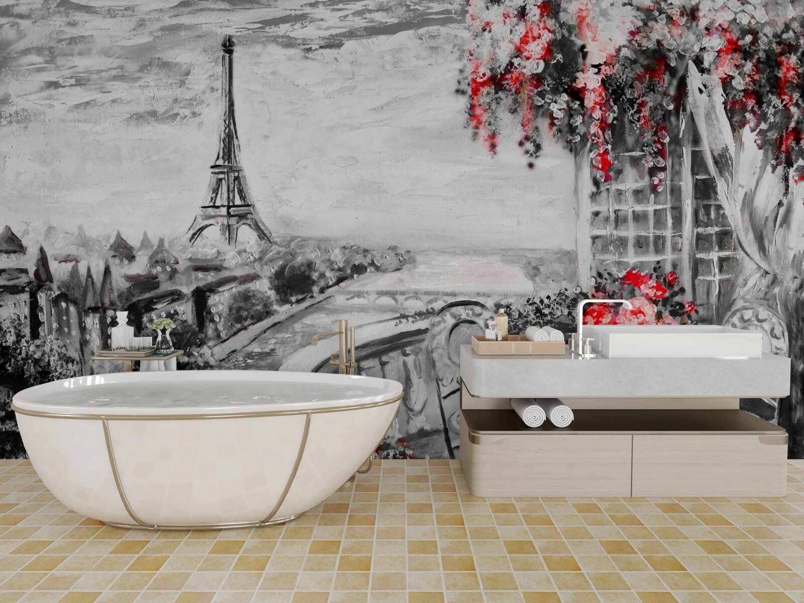 Papier peint café de la véranda avec vue sur la tour eiffel