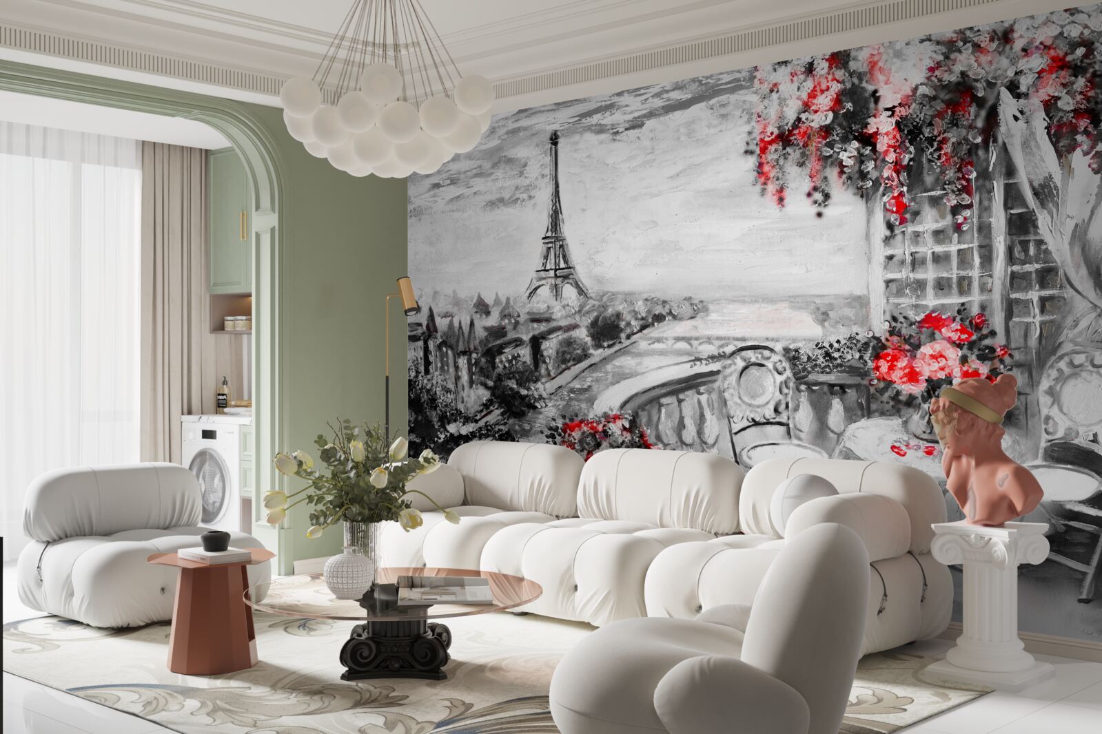 Papier peint café de la véranda avec vue sur la tour eiffel