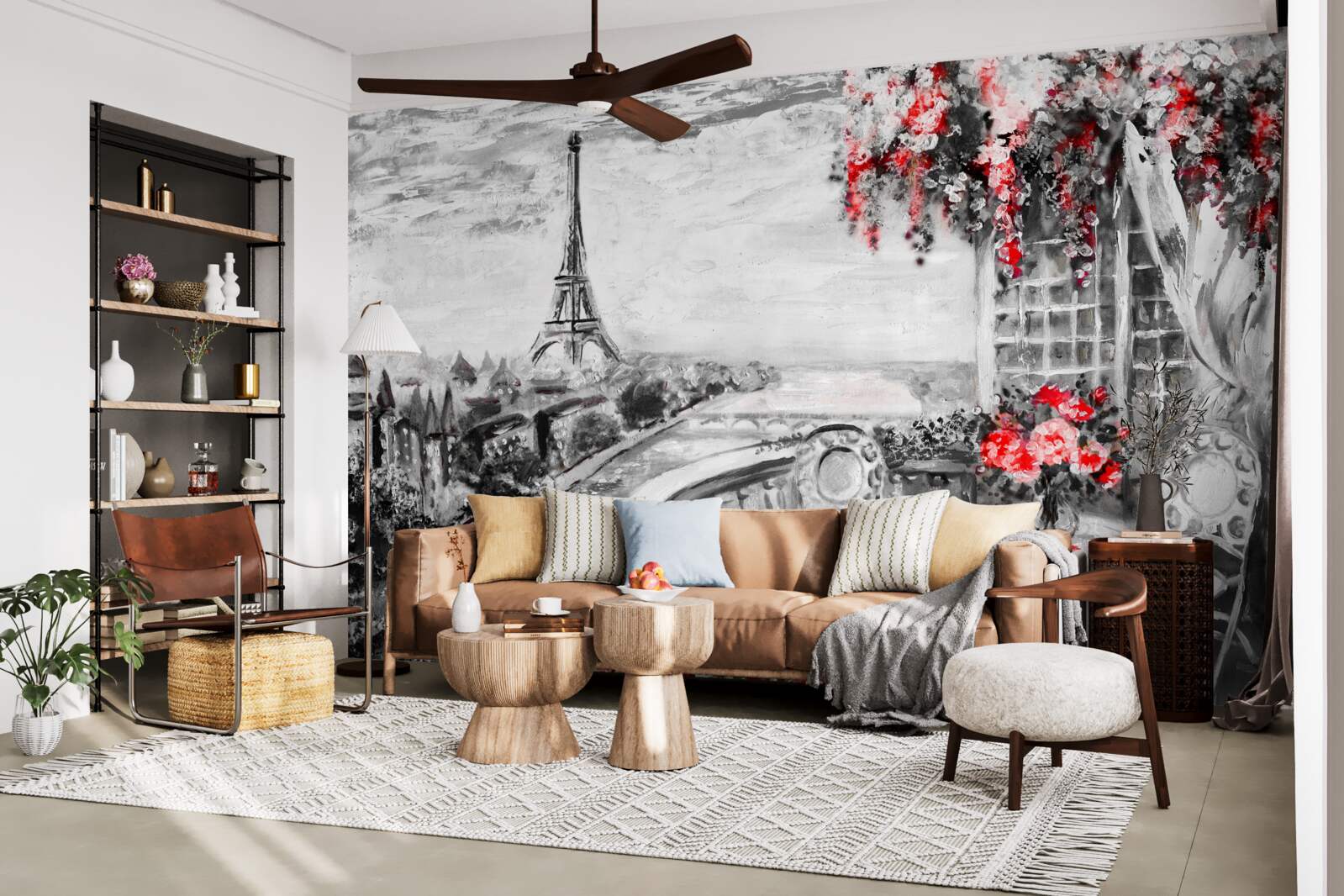 Papier peint café de la véranda avec vue sur la tour eiffel