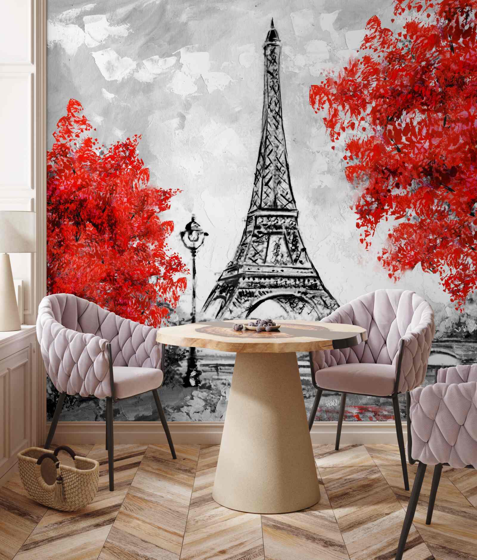 Papier peint arbres à feuilles rouges denses près de la tour de Paris