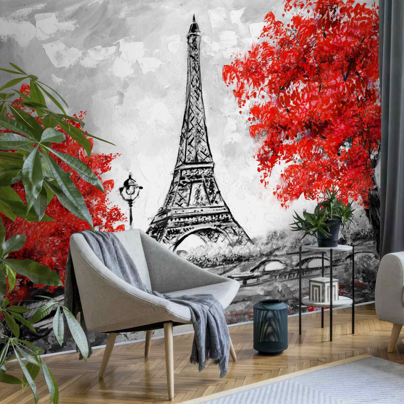 Papier peint arbres à feuilles rouges denses près de la tour de Paris