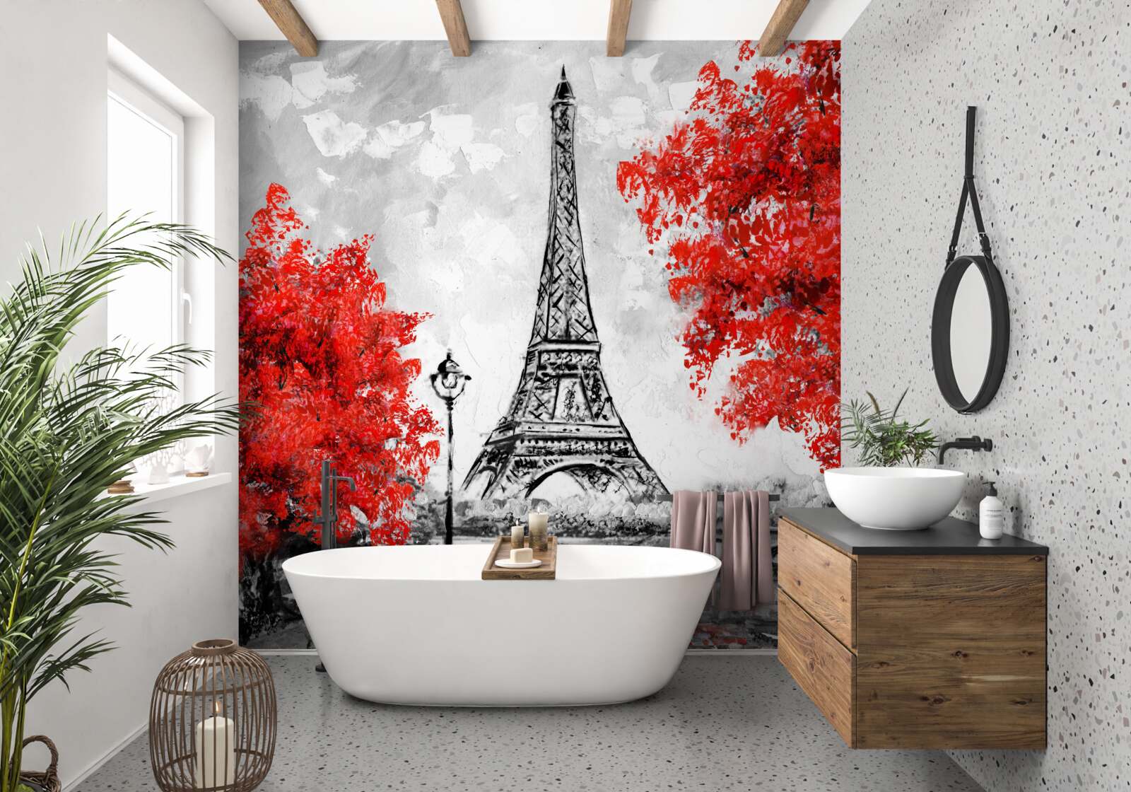 Papier peint arbres à feuilles rouges denses près de la tour de Paris