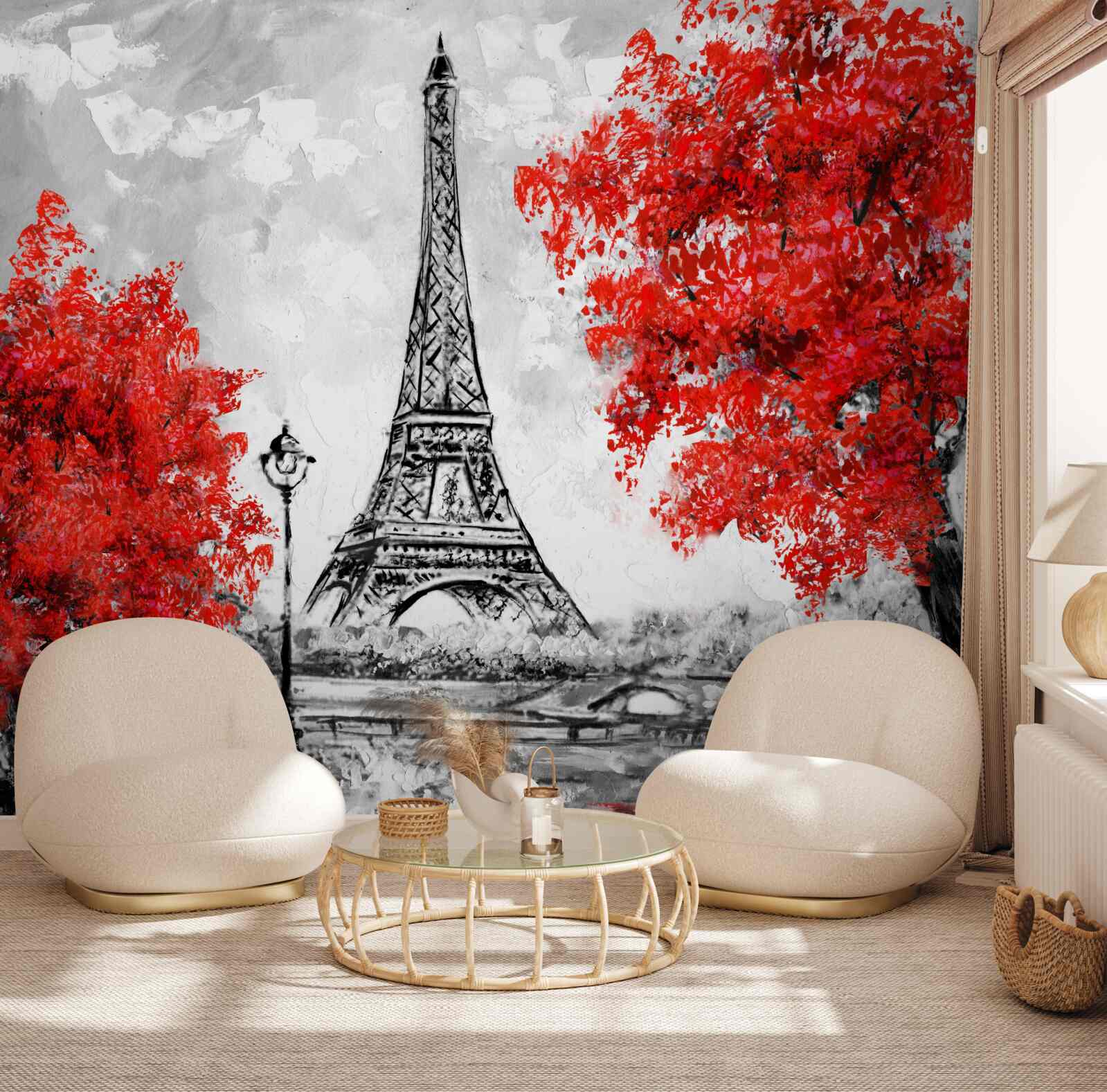 Papier peint arbres à feuilles rouges denses près de la tour de Paris