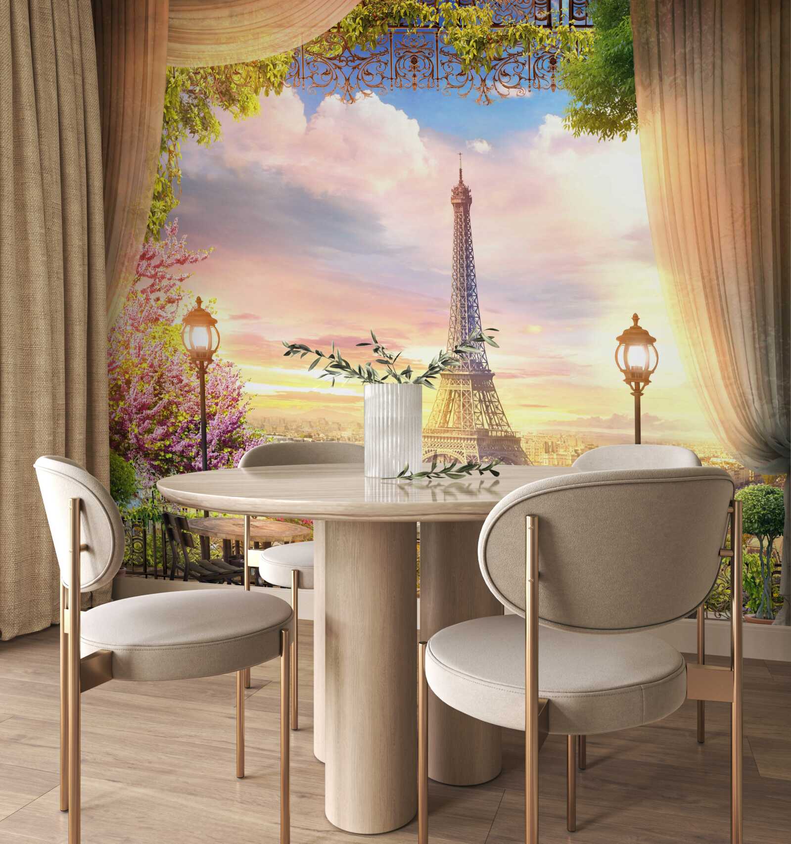 Papier peint les tables basses avec vue sur la tour eiffel créent une atmosphère chaleureuse