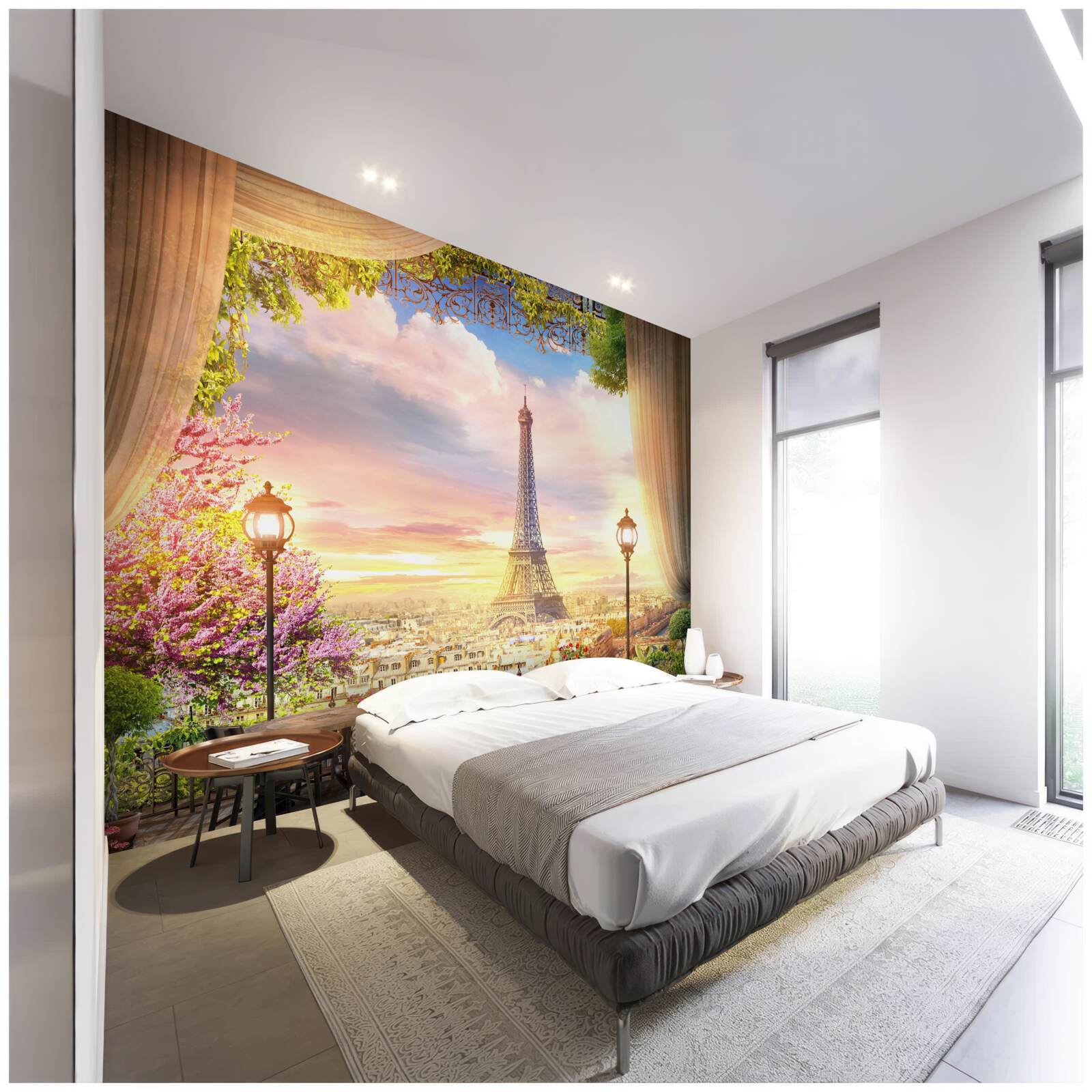 Papier peint les tables basses avec vue sur la tour eiffel créent une atmosphère chaleureuse