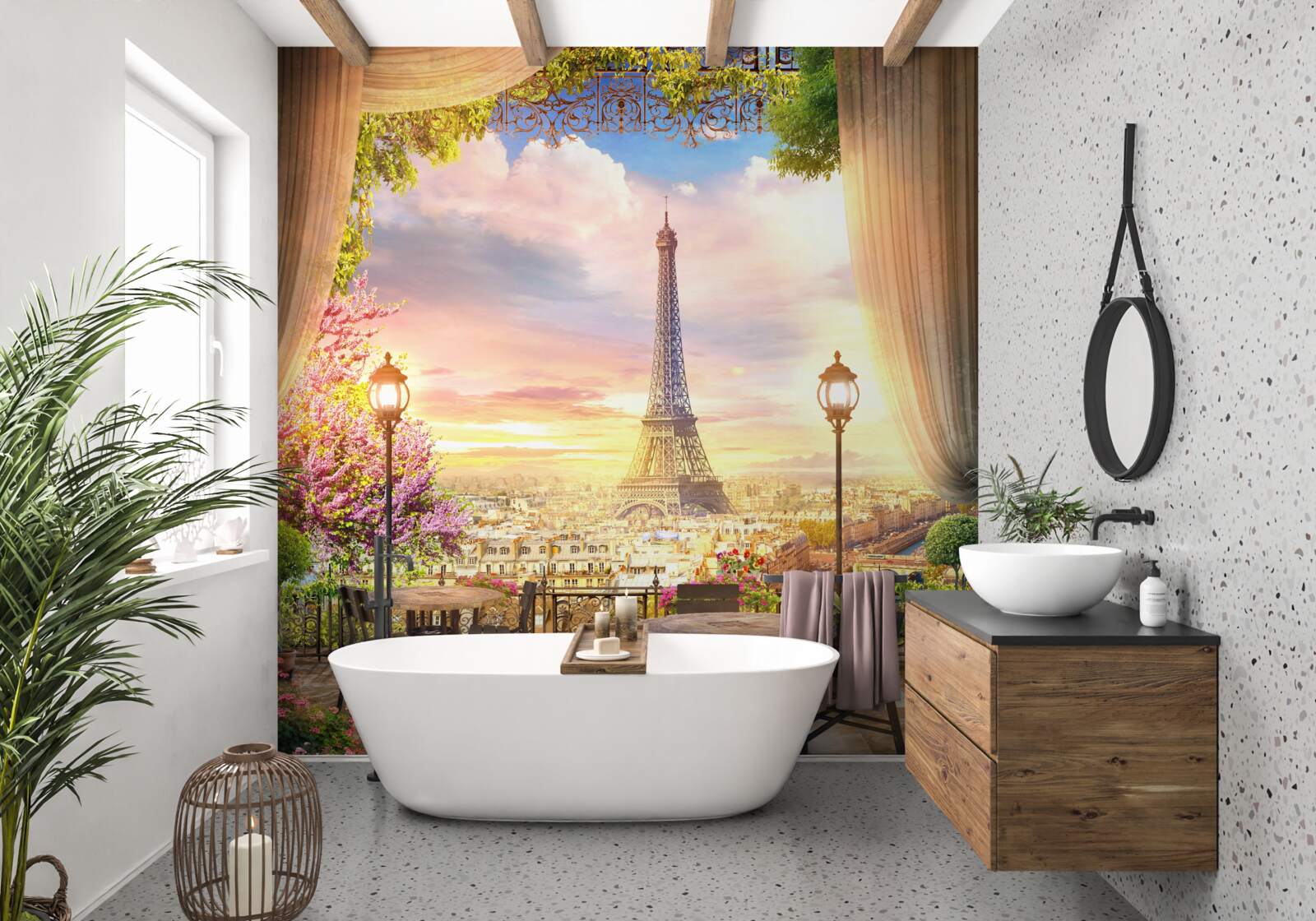 Papier peint les tables basses avec vue sur la tour eiffel créent une atmosphère chaleureuse